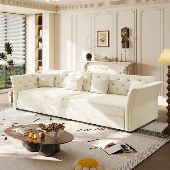 100" Velvet Convertible Sofa Bed with with Fabric Flower Tufted Design