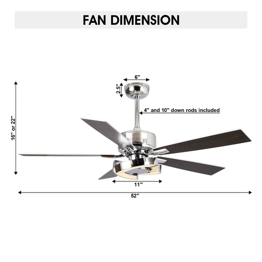 52" Chrome Modern Unique LED Dimmable Ceiling Fan with Light and Remote