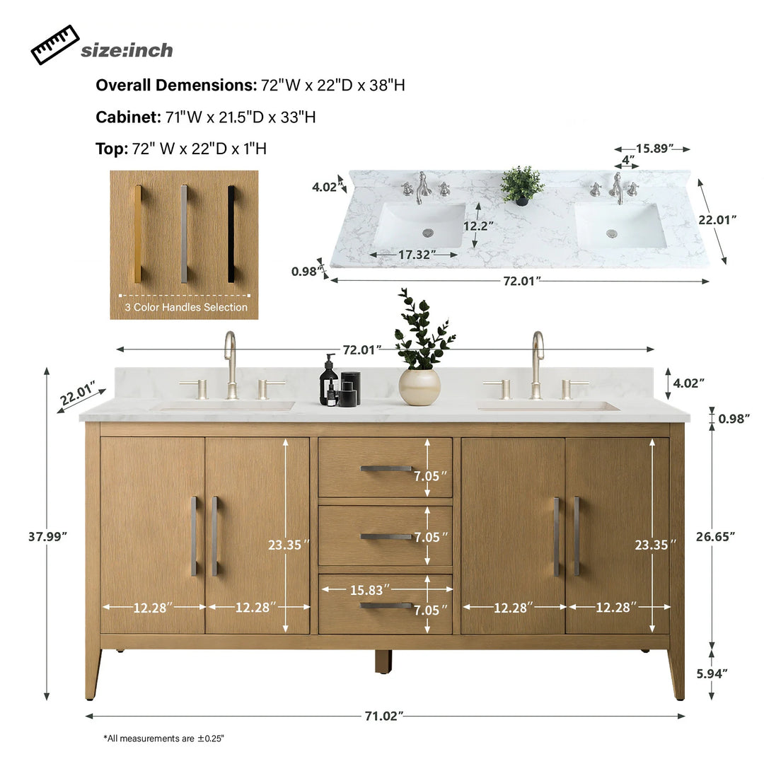 72" Double Sink Bathroom Vanity Cabinet with Engineered Marble Top
