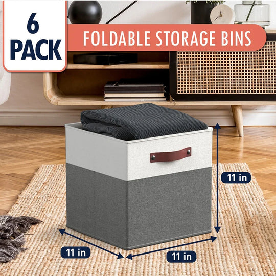 Foldable Collapsible Storage Box Bins Linen Fabric Shelf Basket Cube Organizer with Leather Handles - Set of 6