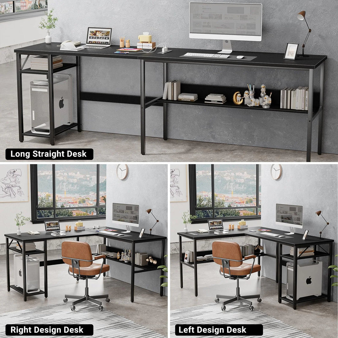 Reversible L Shaped Desk with Storage Shelves, Home Office Corner Desk with Charge Station