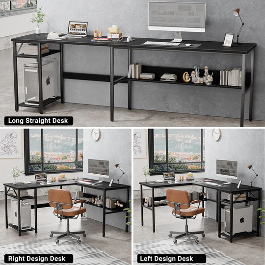 Reversible L Shaped Desk with Storage Shelves, Home Office Corner Desk with Charge Station