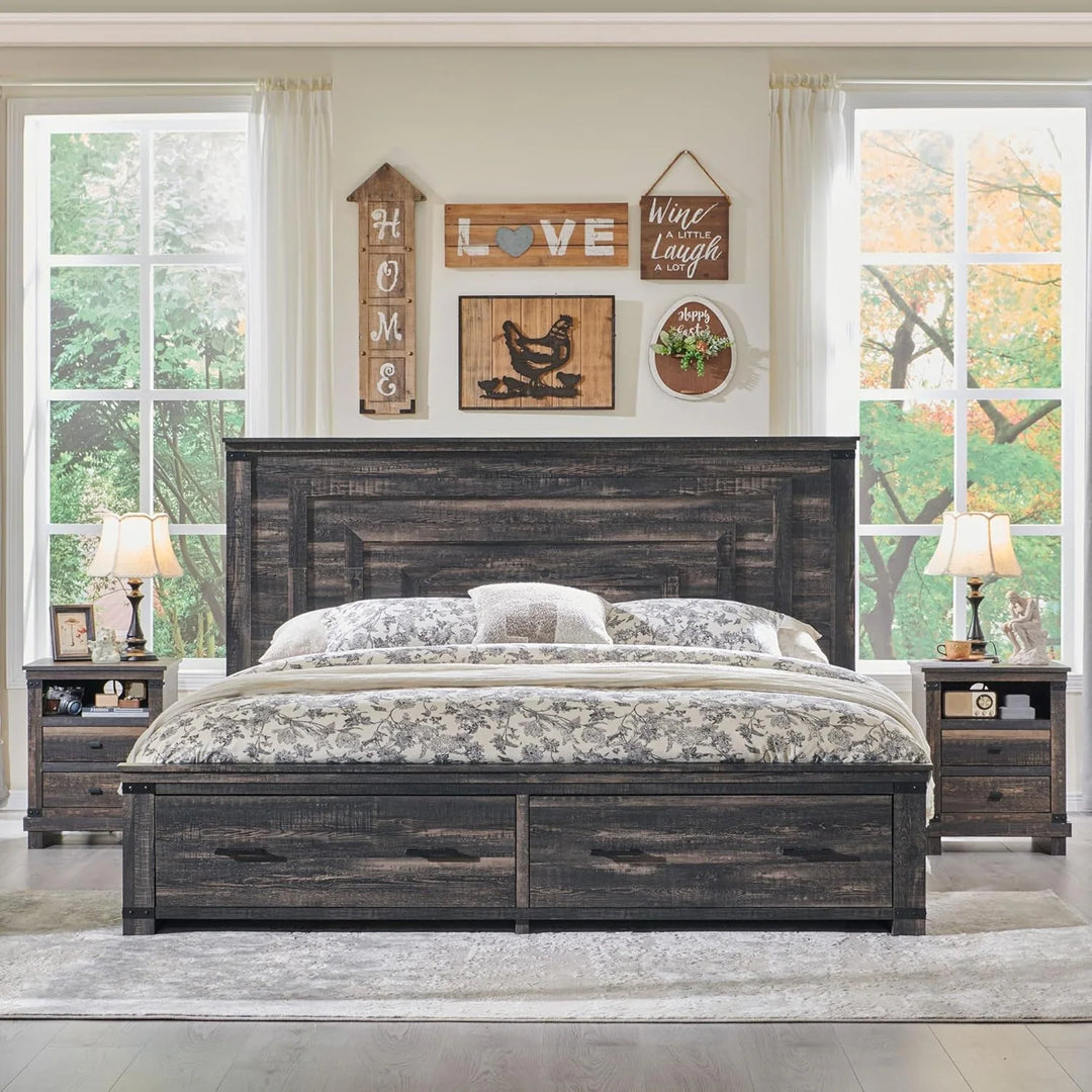 Farmhouse Wood Bed Frame with 54" Tall Headboard, 2 Large Drawers