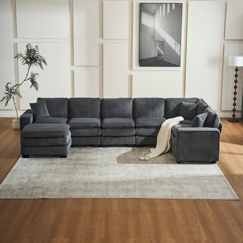 Modern U-Shaped 6-Seater Sectional Sofa with One Footstool