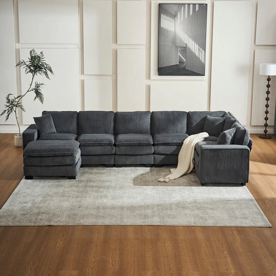 Modern U-Shaped 6-Seater Sectional Sofa with One Footstool