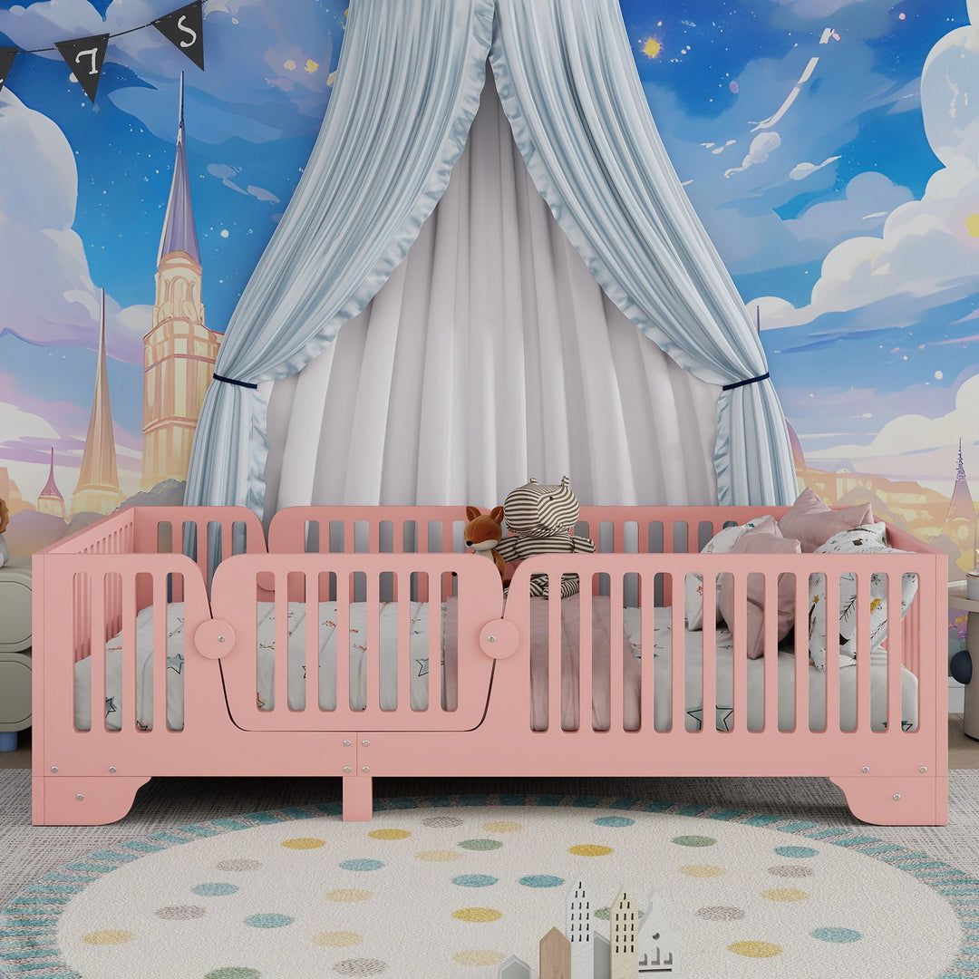Full Size Montessori Floor Bed Frame with Safety Rails and Removable Door, Low Profile Kids Bed with Slatted Support