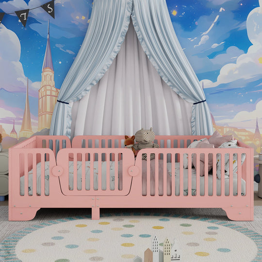 Full Size Montessori Floor Bed Frame with Safety Rails and Removable Door, Low Profile Kids Bed with Slatted Support