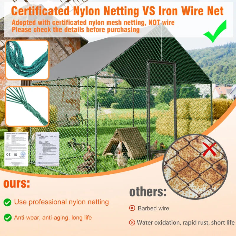 Upgraded Anti-Rust Metal Chicken Coop with Run Walkin Poultry Cage Habitat with Feeding Door, Waterproof and Snow /Rain Accumulation Prevent Cover for Backyard Farm Garden