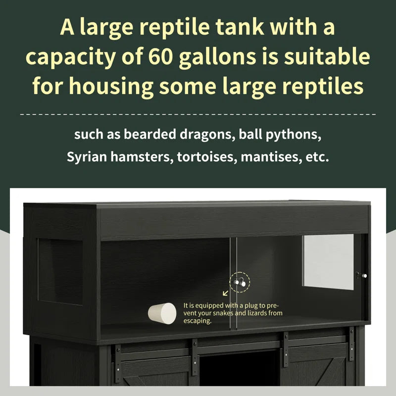 Reptile Terrarium with Stand, Reptile Tank with Barn Door and Storage, Vivarium with Acrylic Doors, Ventilated Mesh Top & Power Outlet, for Geckos, Lizards, Snakes Px06Rtb