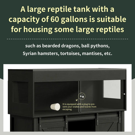 Reptile Terrarium with Stand, Reptile Tank with Barn Door and Storage, Vivarium with Acrylic Doors, Ventilated Mesh Top & Power Outlet, for Geckos, Lizards, Snakes Px06Rtb