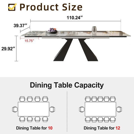 Minimalism Extendable Rectangular Sintered Stone Double Pedestal Dining Table Seat for 8-12 - 110.24"