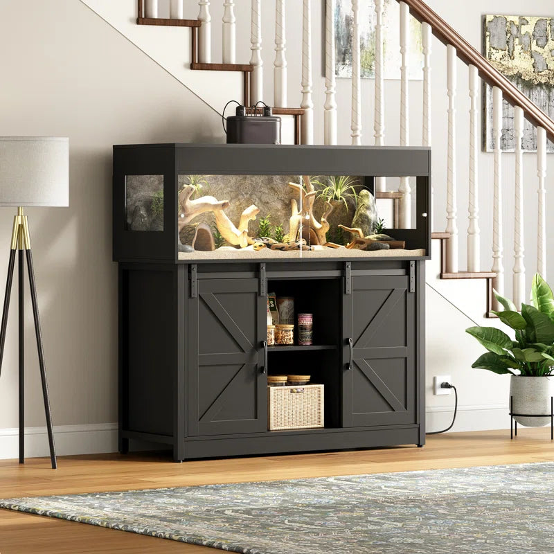 Reptile Terrarium with Stand, Reptile Tank with Barn Door and Storage, Vivarium with Acrylic Doors, Ventilated Mesh Top & Power Outlet, for Geckos, Lizards, Snakes Px06Rtb