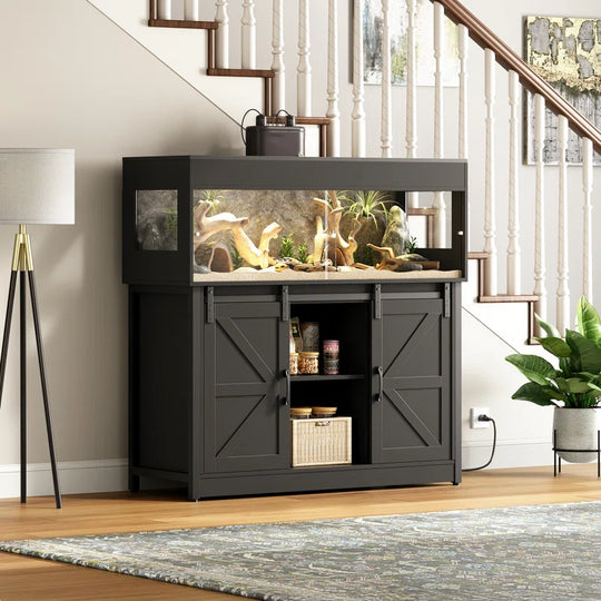 Reptile Terrarium with Stand, Reptile Tank with Barn Door and Storage, Vivarium with Acrylic Doors, Ventilated Mesh Top & Power Outlet, for Geckos, Lizards, Snakes Px06Rtb