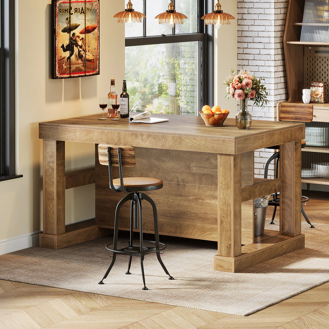 55-Inch Stationary Kitchen Island with Storage Shelves and Large Worktop, Farmhouse Style, Light Brown