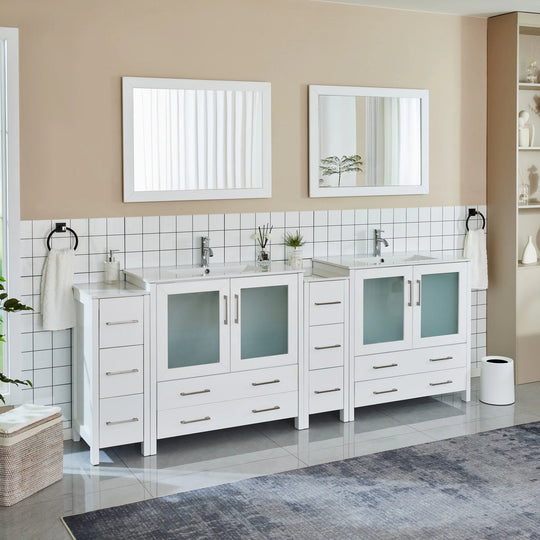 96" Double Sink Bathroom Vanity Set 10 Dove-Tailed Drawers, 3 Cabinets, 2 Shelves Soft-Closing Doors with Free Mirror