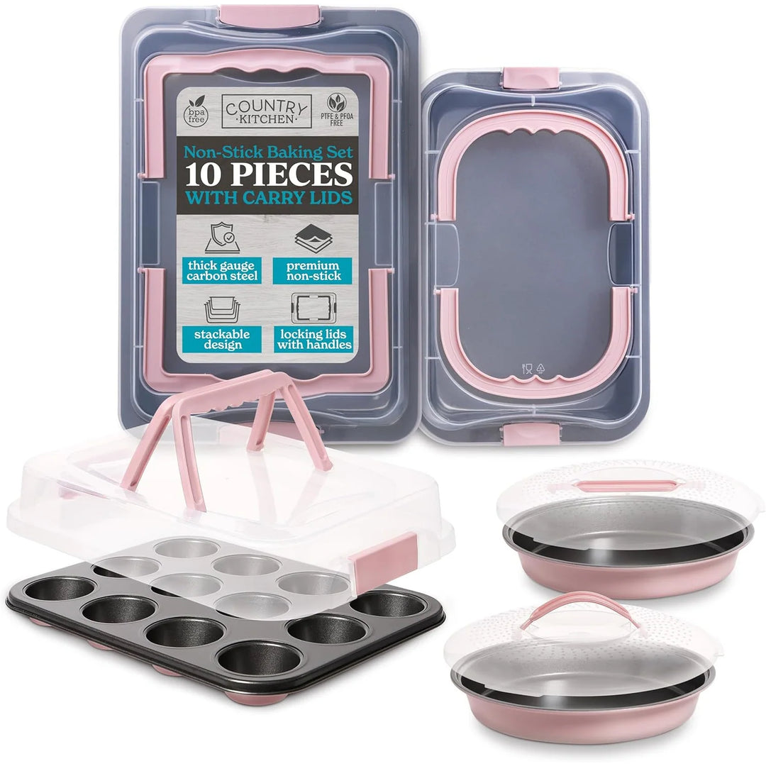 Baking Pans Set 10 Piece Non-Stick Cake Pans with Carry Lids for Storage & Travel, Perfect for Parties Stackable