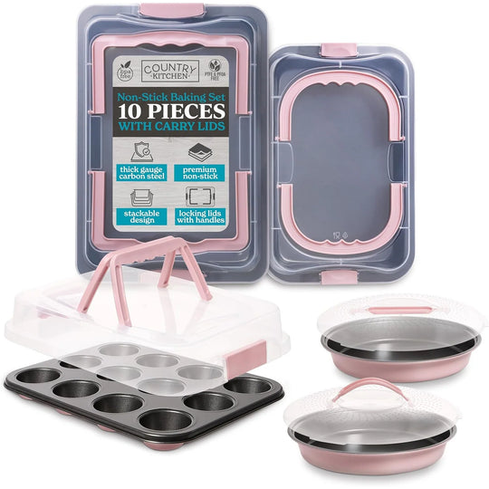 Baking Pans Set 10 Piece Non-Stick Cake Pans with Carry Lids for Storage & Travel, Perfect for Parties Stackable