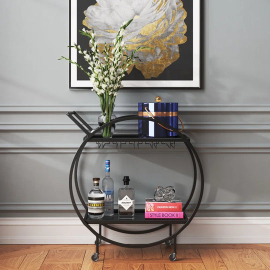 Metal Rolling 2 Mirrored Shelves Bar Cart with Wine Glass Storage and Handle