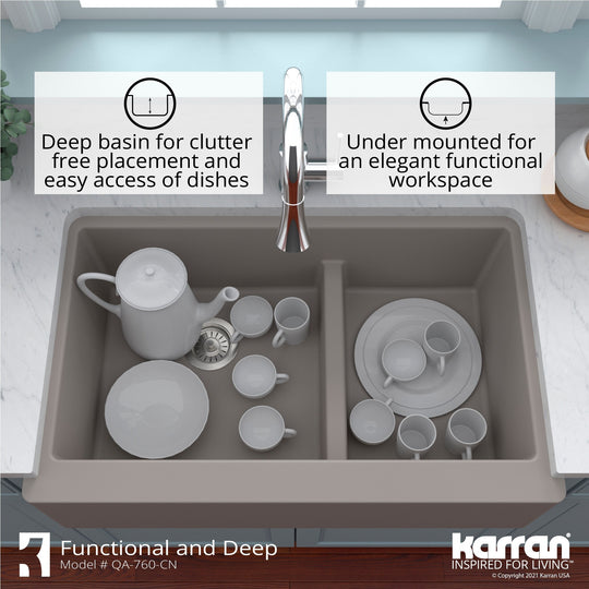 Farmhouse/Apron-Front Quartz Double Bowl Kitchen Sink