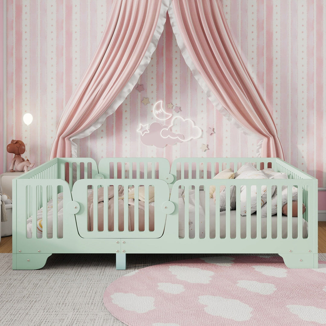 Full Size Montessori Floor Bed Frame with Safety Rails and Removable Door, Low Profile Kids Bed with Slatted Support