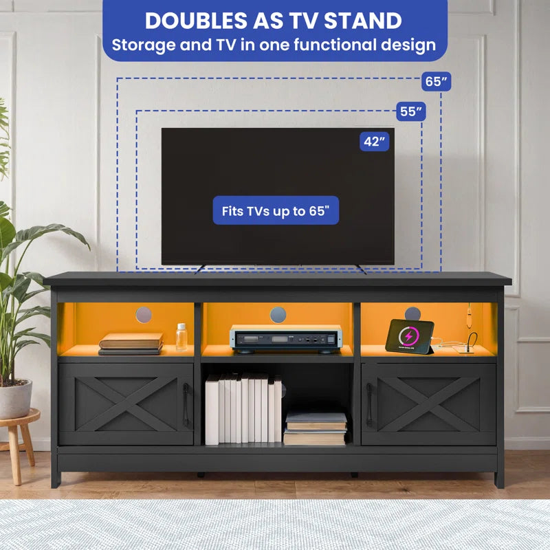 Mercato Modern Farmhouse TV Stand Media Console Media Center with LED Light and Charging Station
