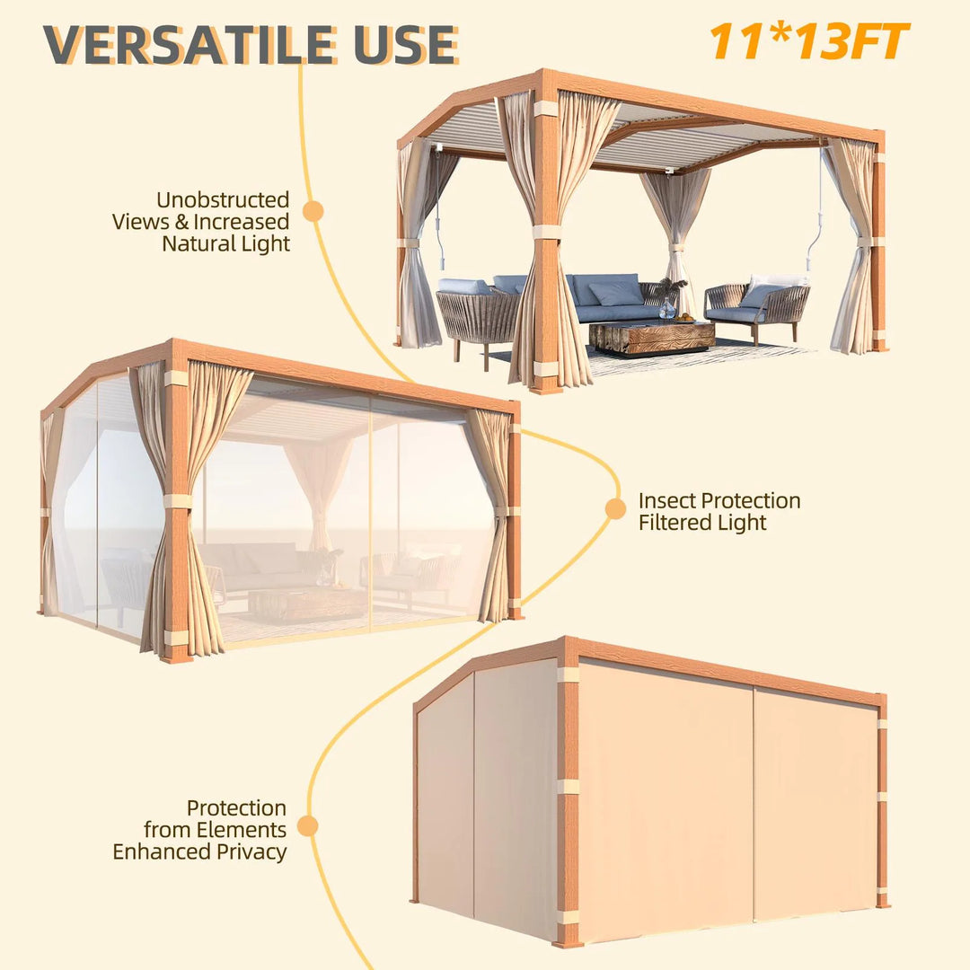 Outdoor Louvered Pergola Gazebo with Adjustable Aluminum Rainproof Roof and Pull-Down Screen