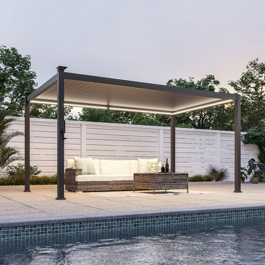 Outdoor Metal Solar LED Louvered Pergola with Adjustable Roof