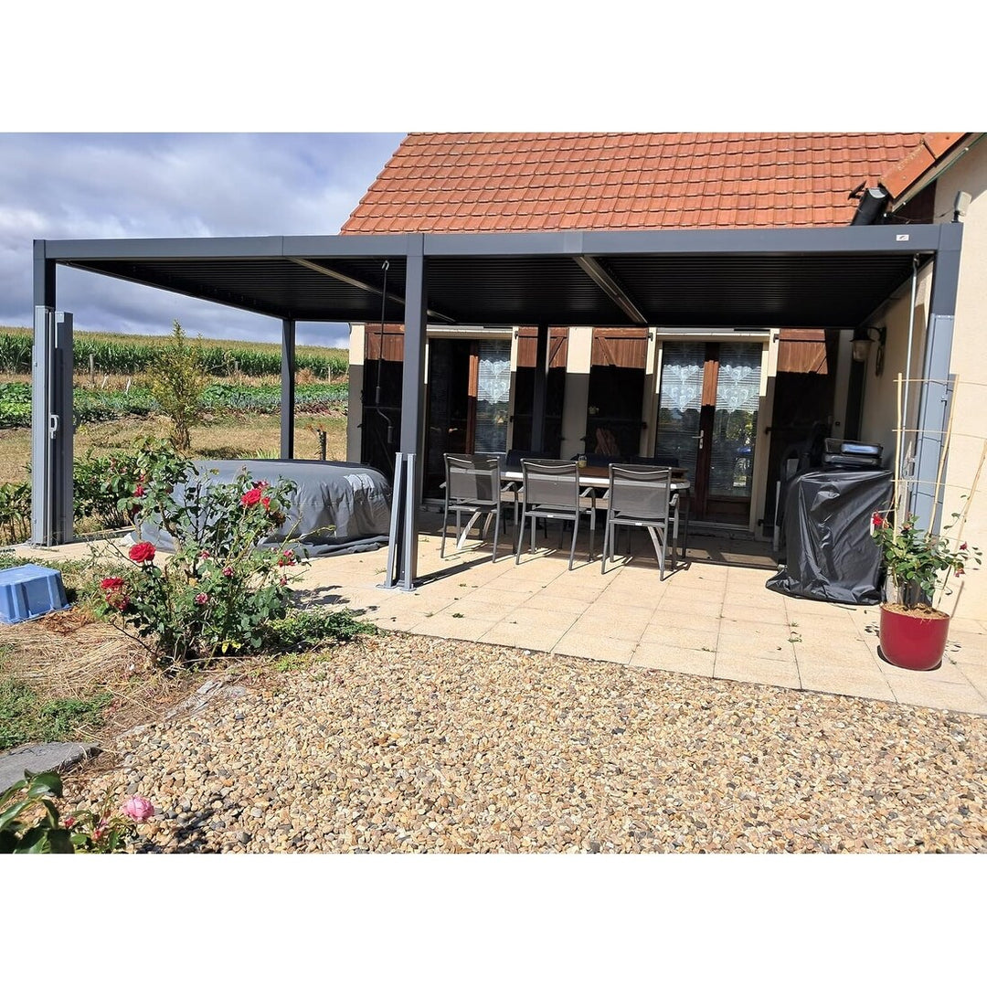 Solar Louvered Pergola with LED String Lights Aluminum Outdoor Pergola with Adjustable Roof for Patio Garden