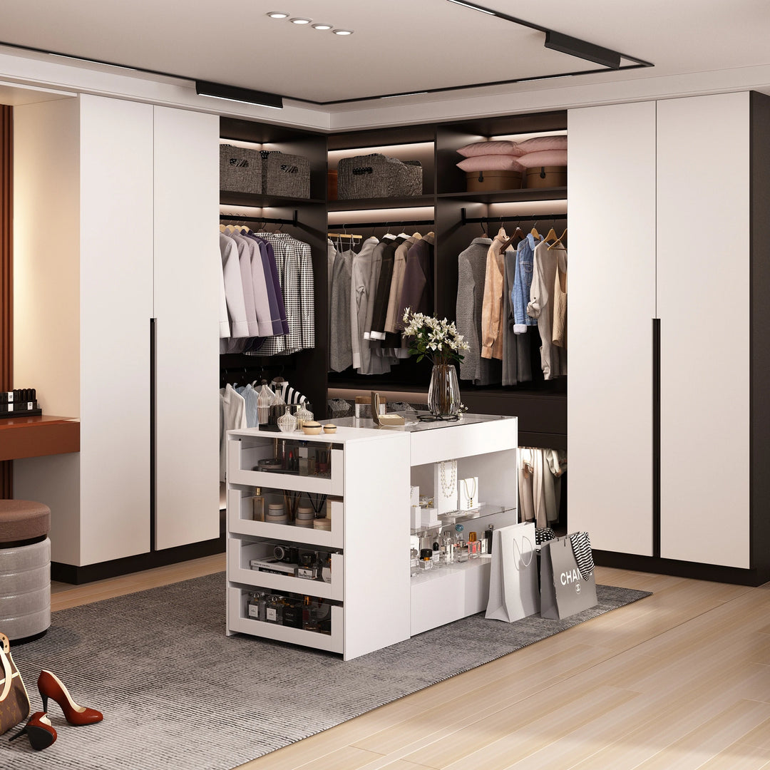 HOMELAVY Glass-Top Closet Organizer White Dressing Island Ample Storage Dresser Cabinets
