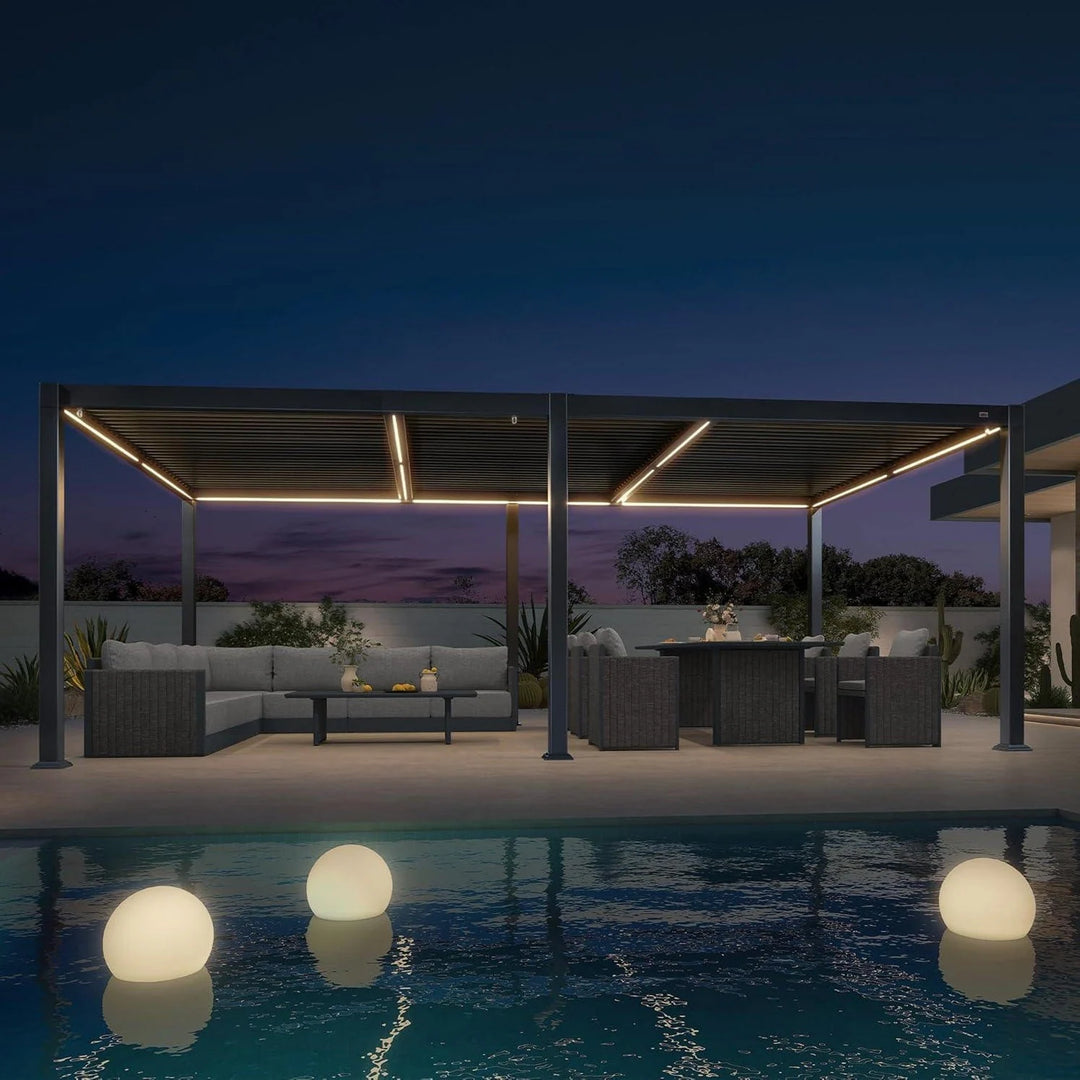 Solar Louvered Pergola with LED String Lights Aluminum Outdoor Pergola with Adjustable Roof for Patio Garden