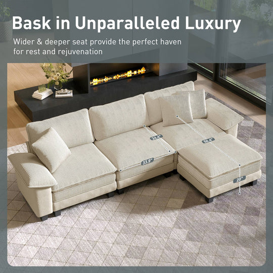 Cloud Modular Deep Seat Sofa, Chenille or Corduroy Sectional Couch with Removable Arms, 1–4 Seater