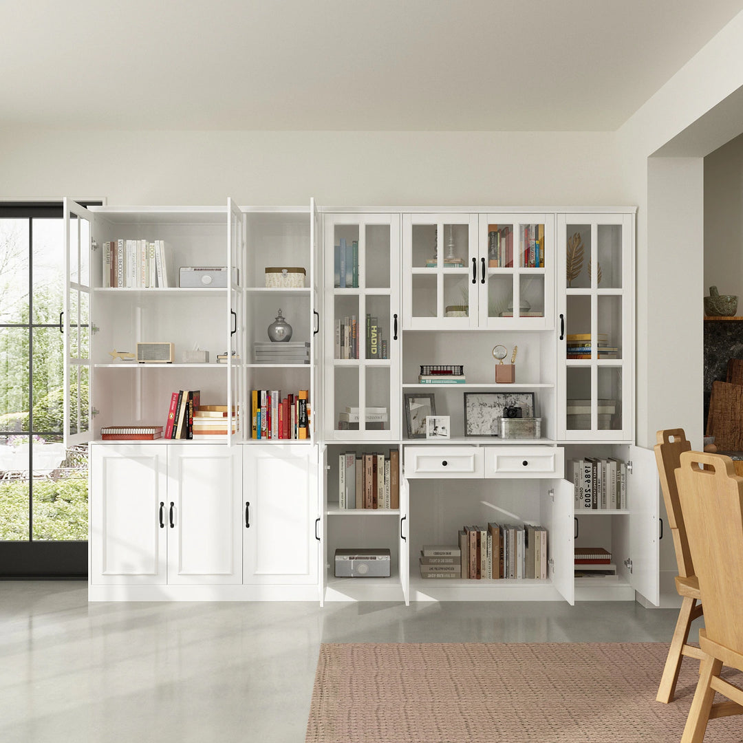 78.7"H Combo Buffet Sideboard White Curio Bookcase Cabinet Glass Door