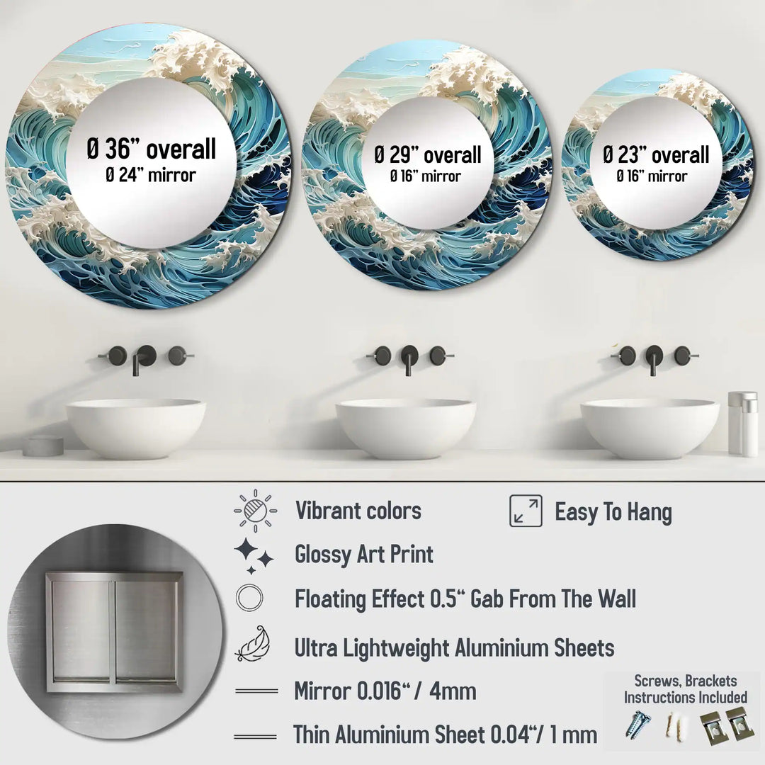 Designart "Blue Kinetic Waves I" Nautical & Beach round Mirror for Wall Decor - Nautical & Coastal Teal Bedroom Mirror