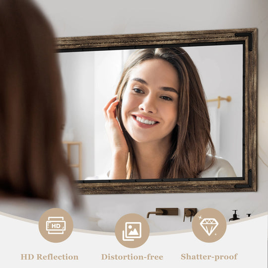 Rustic Wooden Framed Wall Mirror, Natural Wood Bathroom Vanity Mirror