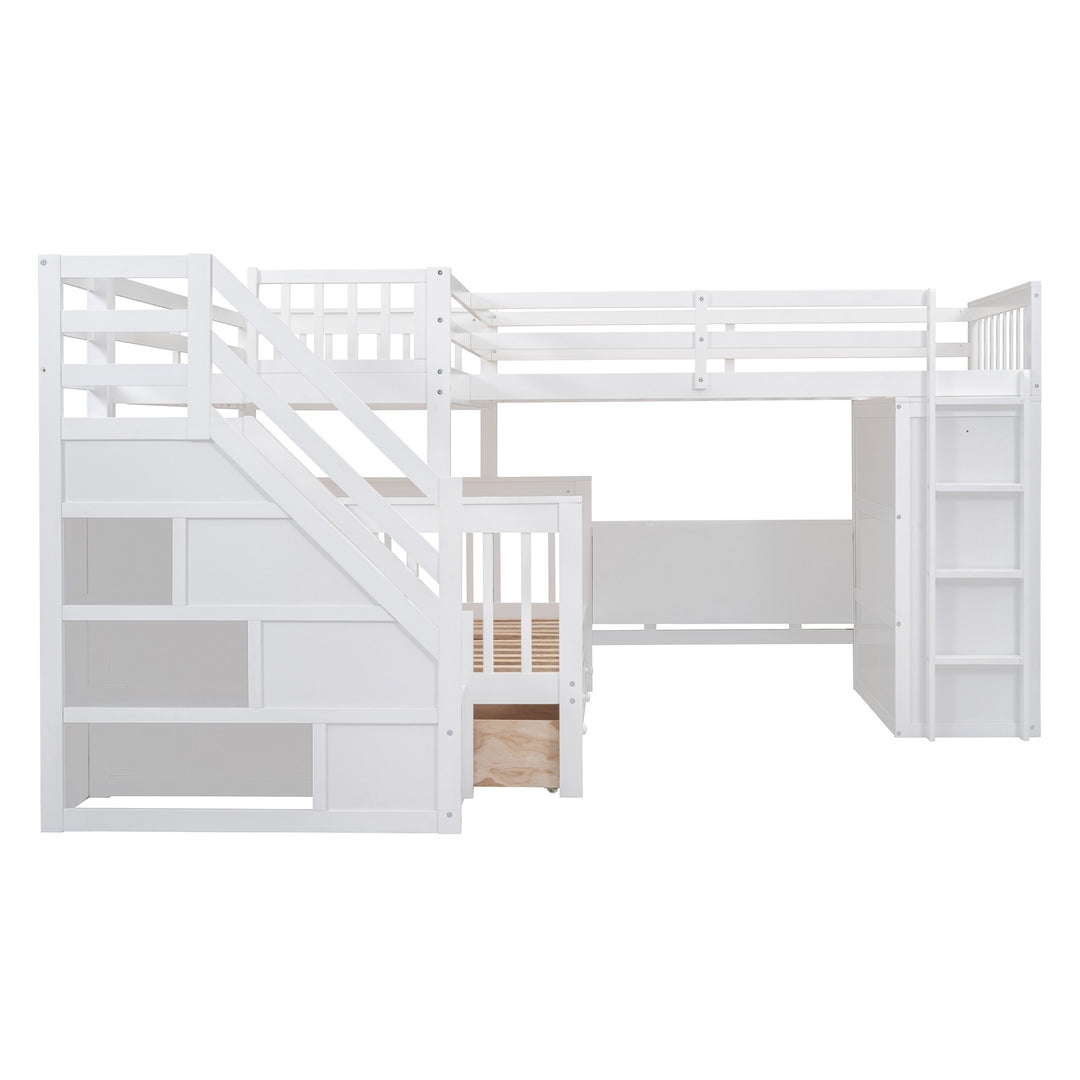 L-Shaped Bunk Bed with Three Drawers, Portable Desk and Wardrobe, Twin-Twin over Full Design