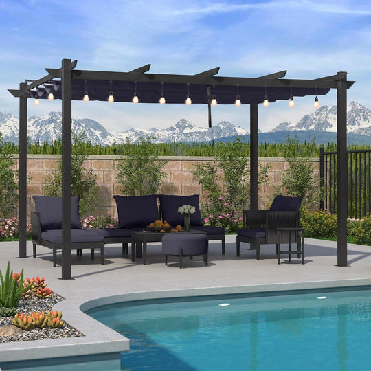Gazebo Outdoor Retractable White Heavy-Duty Aluminum Pergola with Extra Top Roof