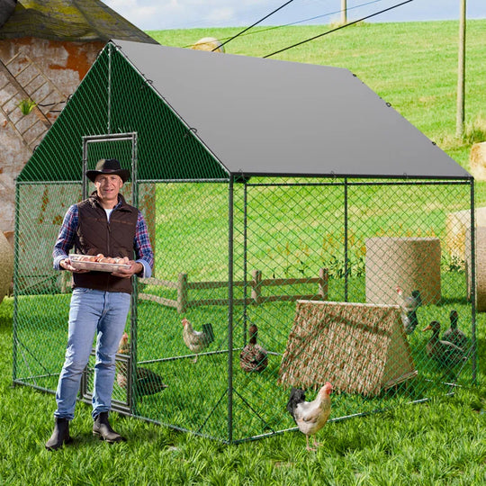 Upgraded Anti-Rust Metal Chicken Coop with Run Walkin Poultry Cage Habitat with Feeding Door, Waterproof and Snow /Rain Accumulation Prevent Cover for Backyard Farm Garden