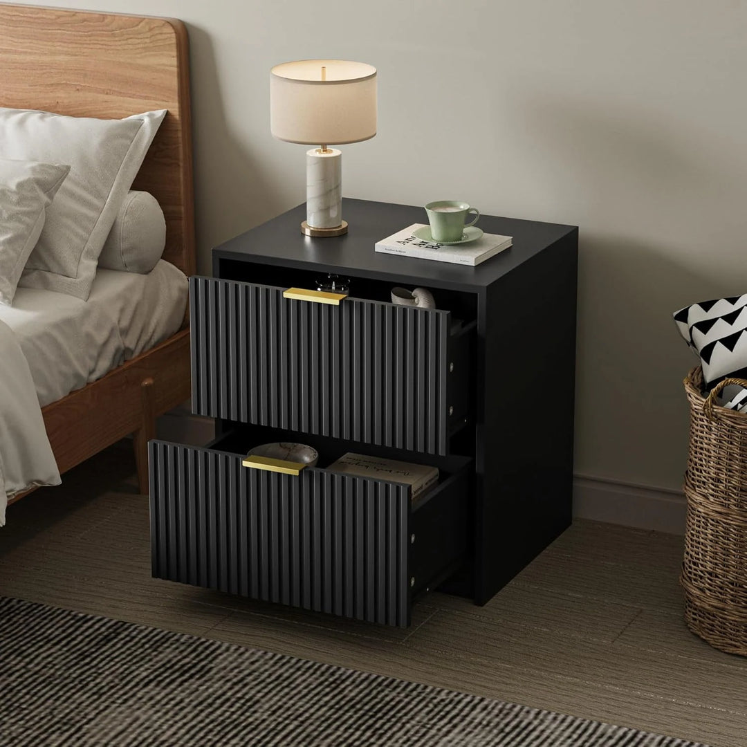 Set of 2 Fluted Nightstand with 2 Drawers, Modern Storage Bedside Table Wooden End Table for Bedroom