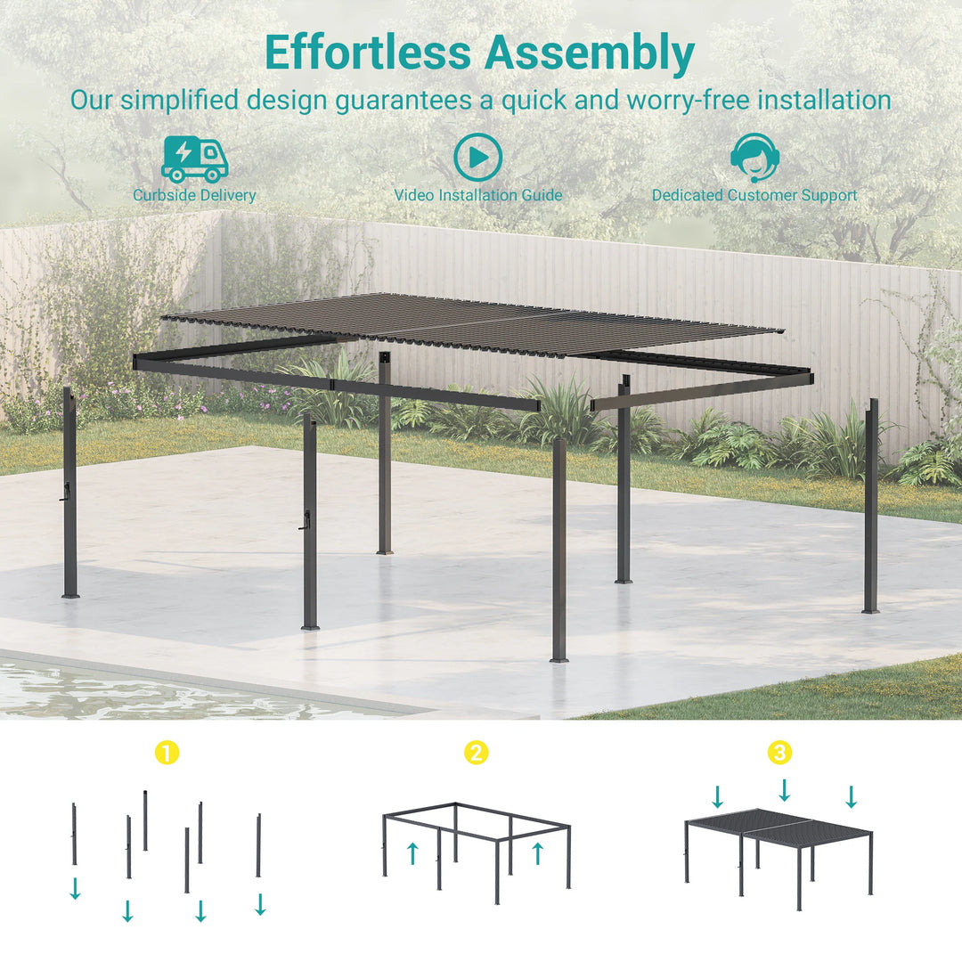 Outdoor Metal Solar LED Louvered Pergola with Adjustable Roof
