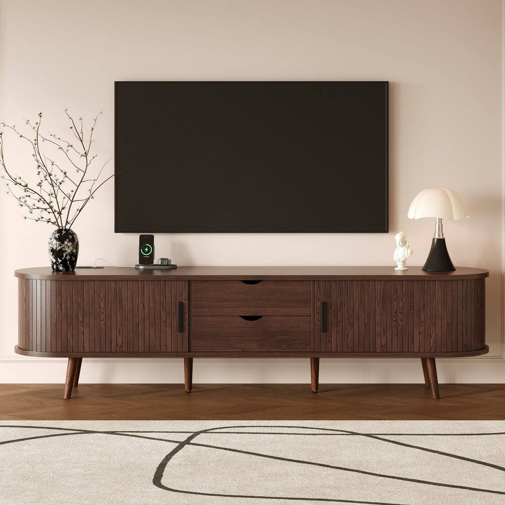 70 in Modern TV Stand with Rattan Doors - N/A