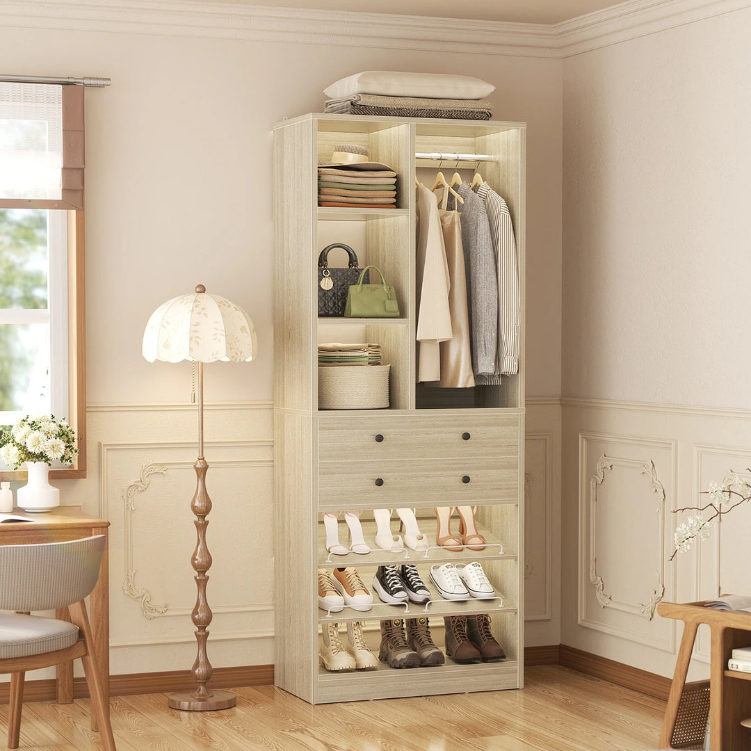 Grimm 28'' Closet Organizer with Shoe Racks and Drawers, Closet System with Hanging Rod and Adjustable Shelves