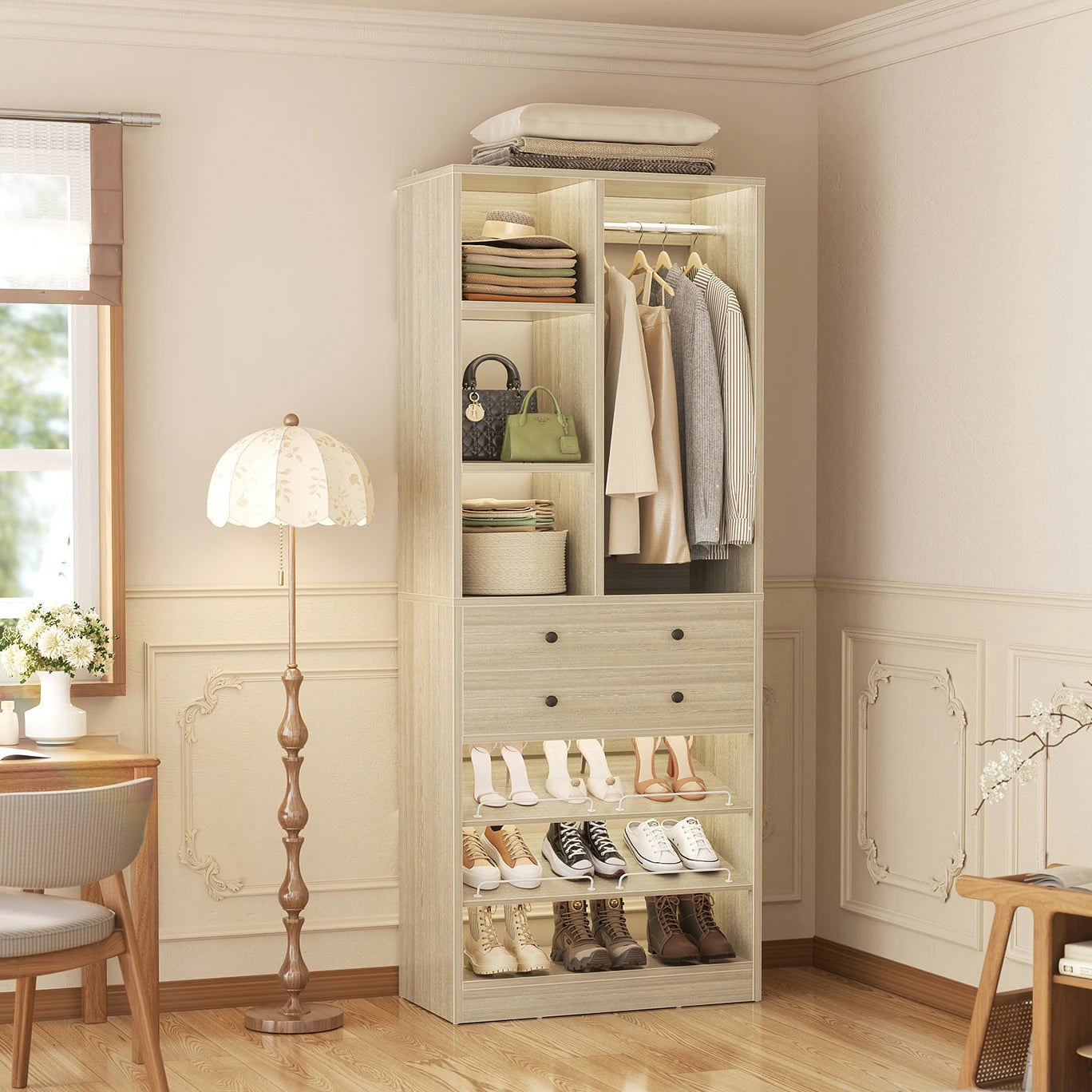 Grimm 28'' Closet Organizer with Shoe Racks and Drawers, Closet System with Hanging Rod and Adjustable Shelves