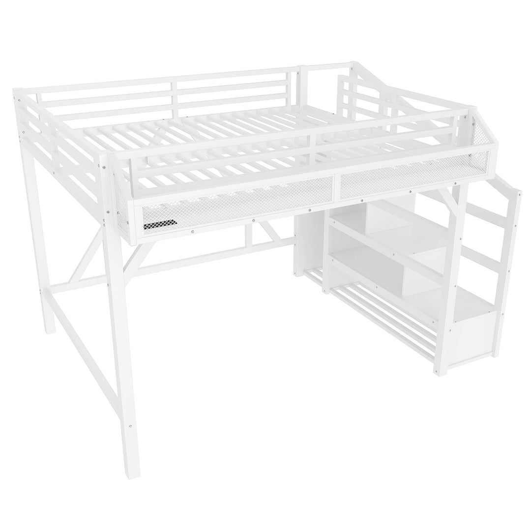 Queen Metal Loft Bed with Storage Stairs, Built-In Wardrobe & Shelves, USB Ports, LED Lights, Noise-Reduced Design