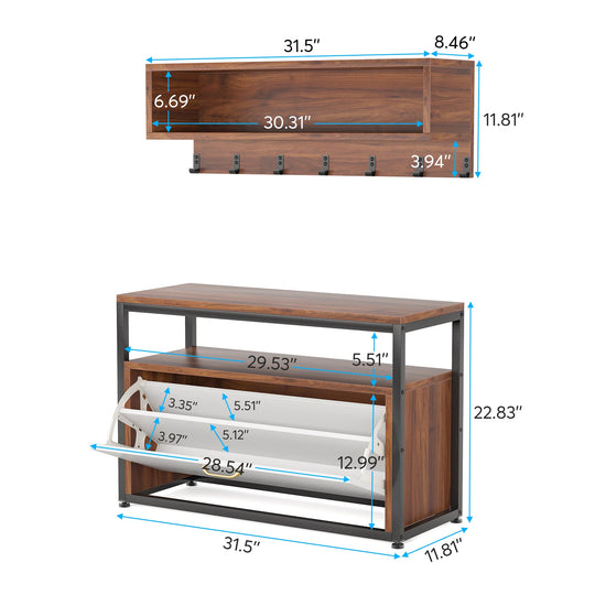 Entryway Coat Rack Shoe Bench Set, Industrial Hall Tree Coat Shoe Rack