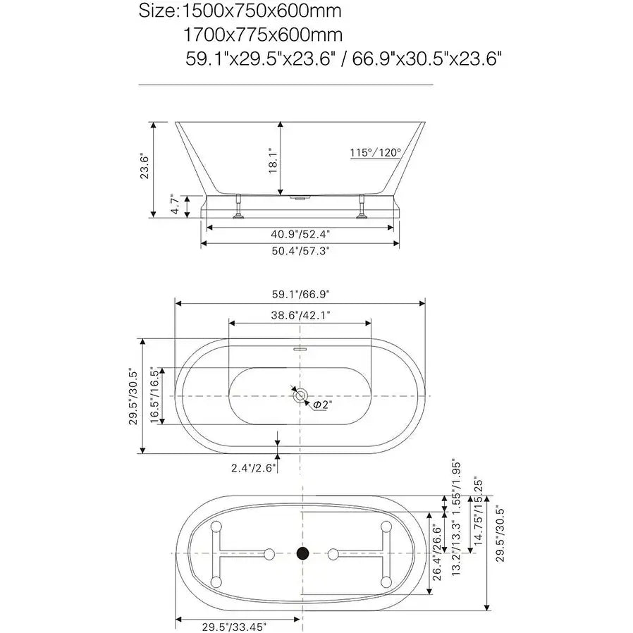 59" Freestanding Acrylic Soaking Bathtub with Overflow & Pop-Up Drain