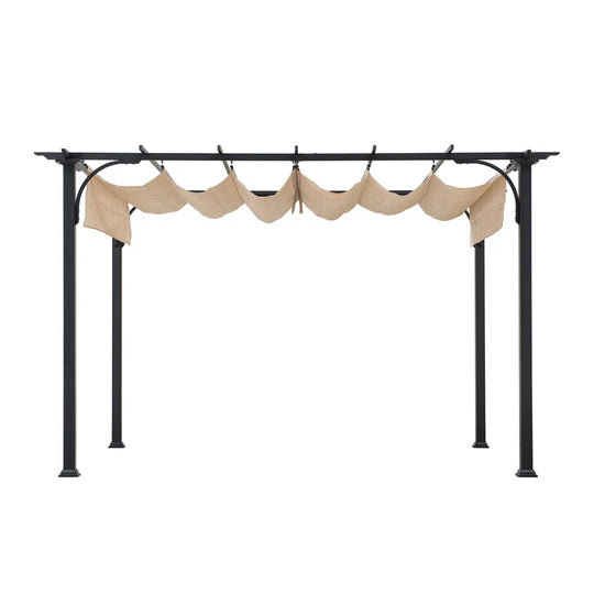 Naples Outdoor Pergola 9 X 12 Ft. Patio Black Steel Frame Pergola with Retractable Beige Canopy Shade for Backyard