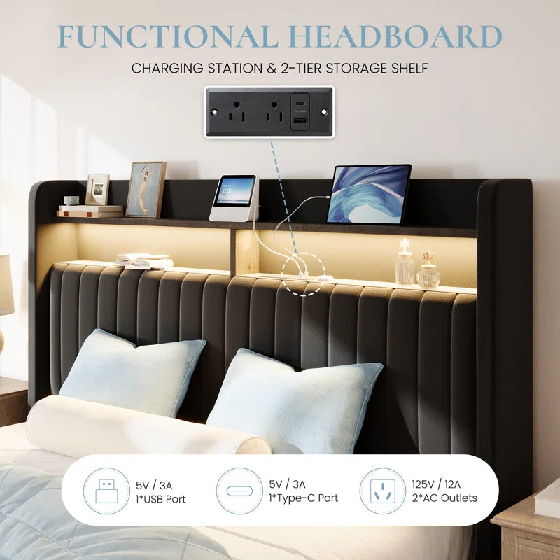 Hydraulic Lift up Storage Upholstered Platform Wingback LED Bed with 2-Tier Shelves and Charging Station