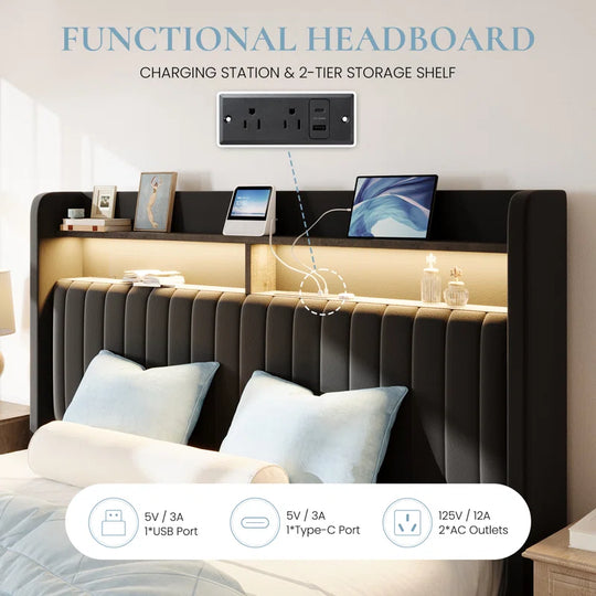 Hydraulic Lift up Storage Upholstered Platform Wingback LED Bed with 2-Tier Shelves and Charging Station