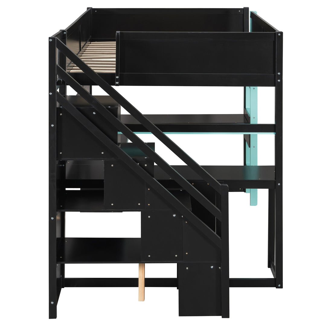 Full Size Wooden Gaming Loft Bed with Storage Stairs, Desk, Shelves and Pegboard