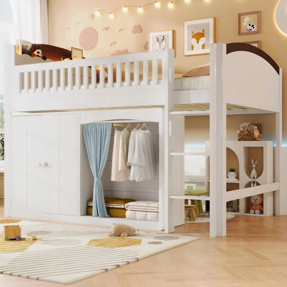 Loft Bed with Storage Cabinet and LED